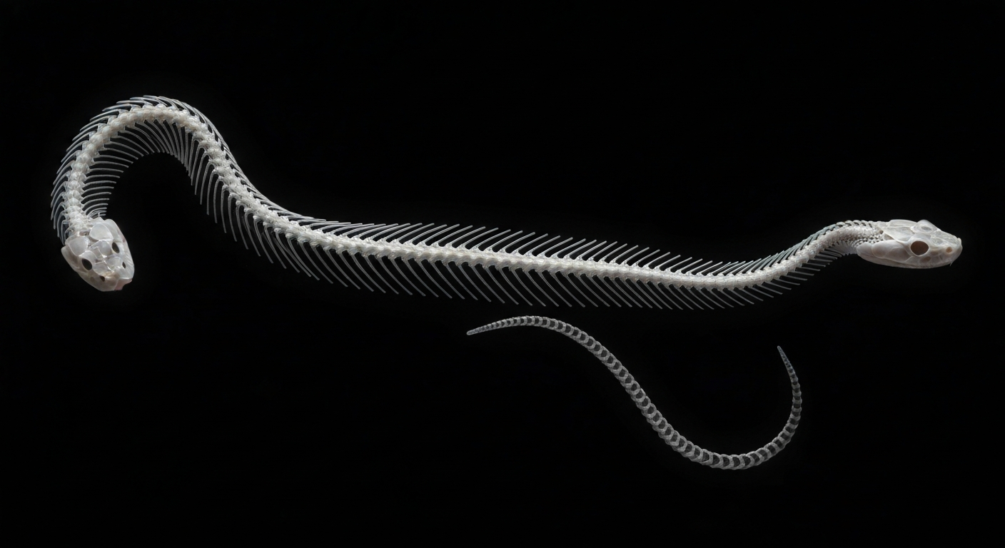 A translucent, ghostly X-ray photograph showing the skeletal structure of a coiled rattlesnake, conveying the hidden dangers hikers may encounter on trails.