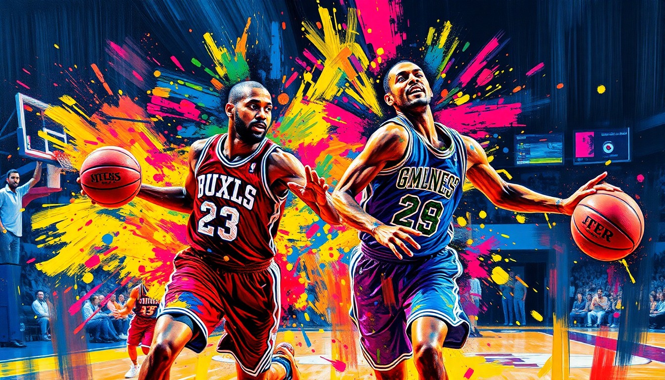 An abstract, expressionist painting featuring two basketball players in motion, their forms and features obscured by vibrant, energetic brushstrokes in neon shades of pink, blue, and yellow, capturing the raw athleticism and chemistry of the duo.