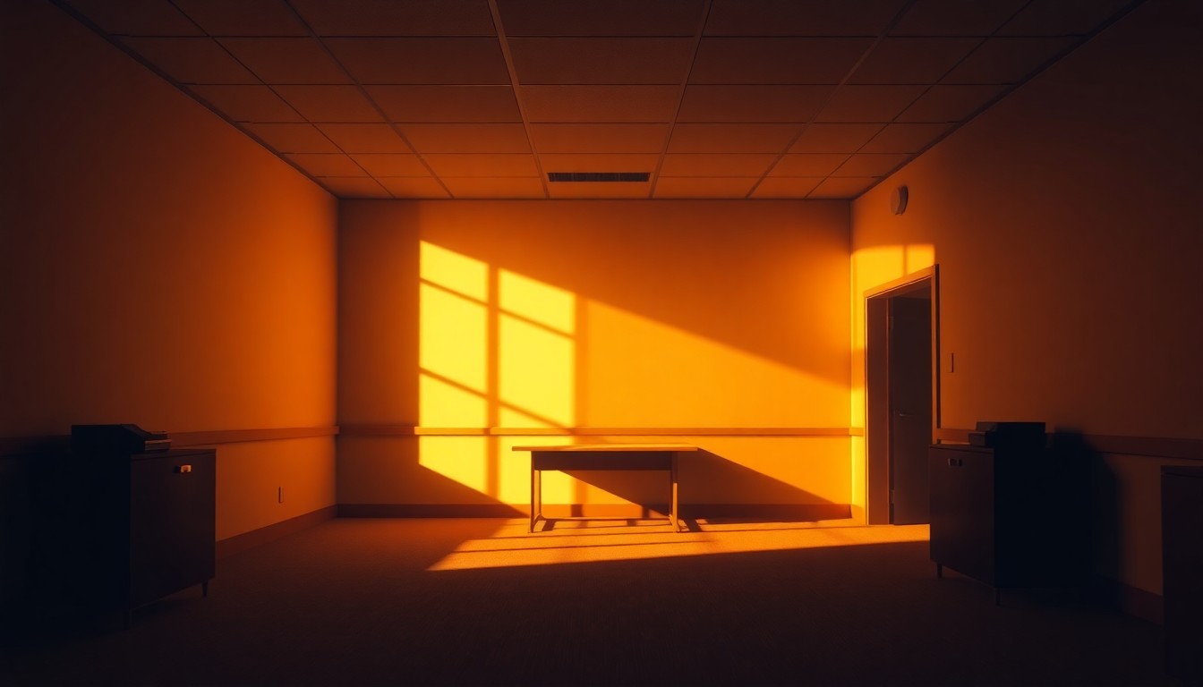 A quiet, cinematic painting of an empty government office space with warm, diagonal sunlight and deep shadows, conveying a sense of political uncertainty and personal reflection.