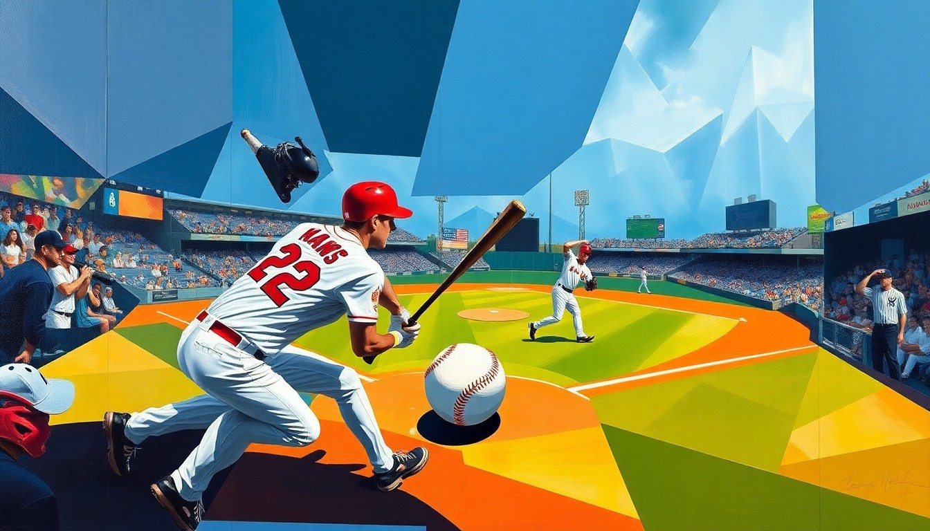 A fractured, geometric painting depicting the dynamic action of a baseball game, with the players' forms abstracted into angular shapes and the ball and bats represented as dynamic lines cutting through the composition.