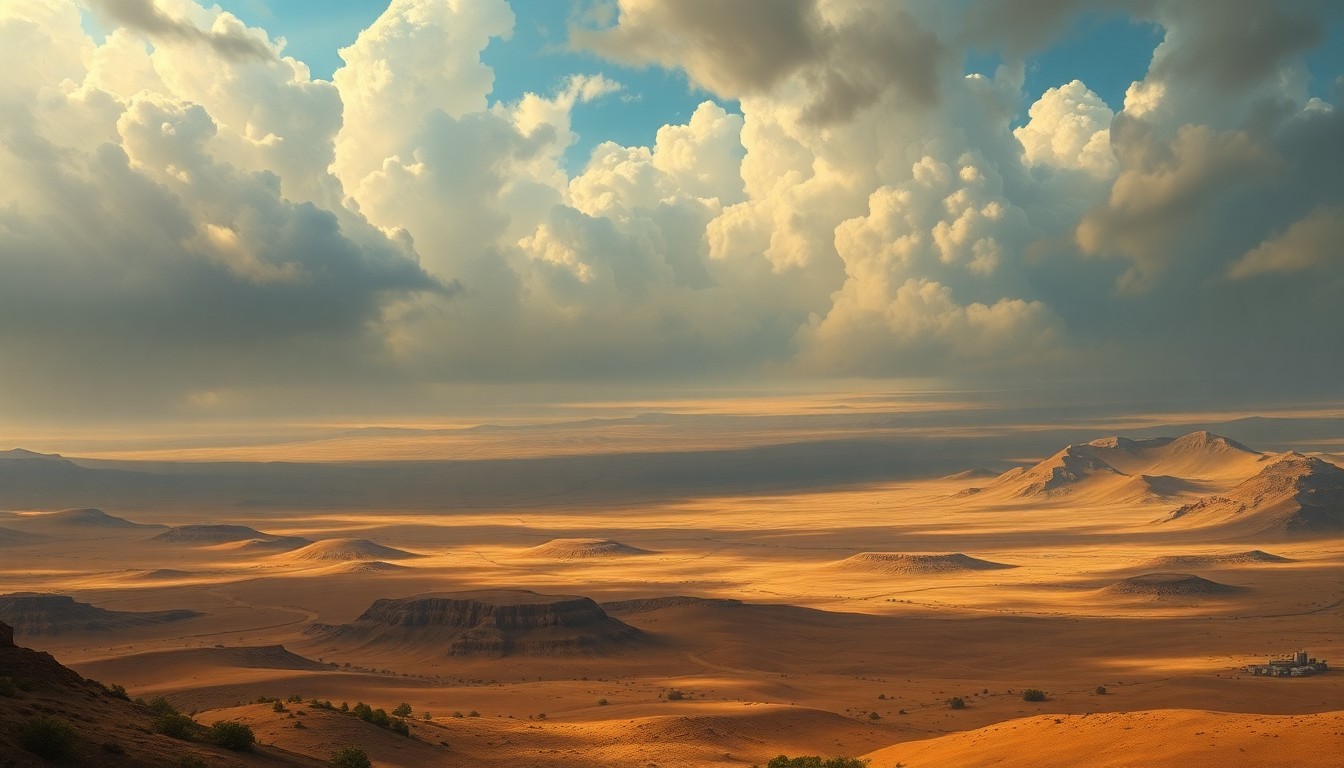 A sweeping, atmospheric landscape painting in muted earth tones, with dramatic cloud formations and deep, hazy perspective dwarfing any small structures or objects, conveying the overwhelming scale and power of a major earthquake's impact on the natural world.