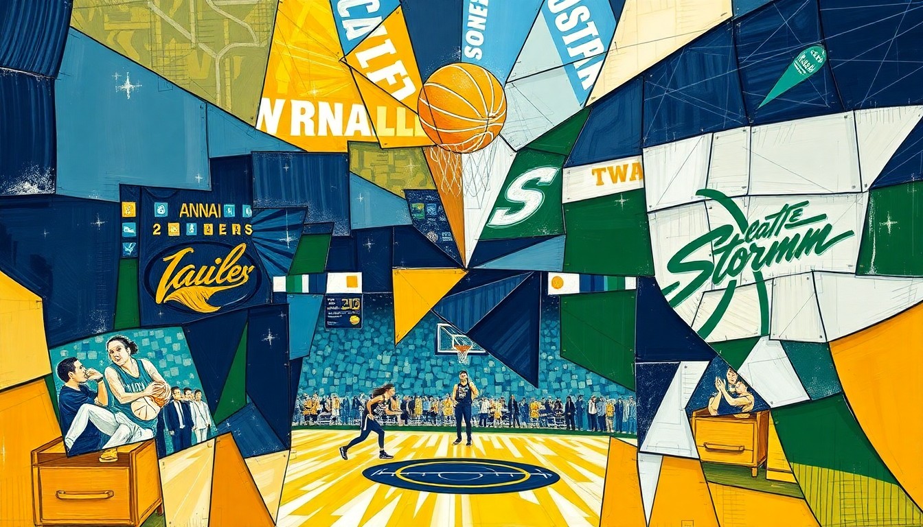 A fractured, cubist-style painting depicting a WNBA basketball game or draft event, with sharp geometric shapes and planes in navy blue, gold, green, and white, conceptually representing the unexpected trade of a top young player between two rival teams.