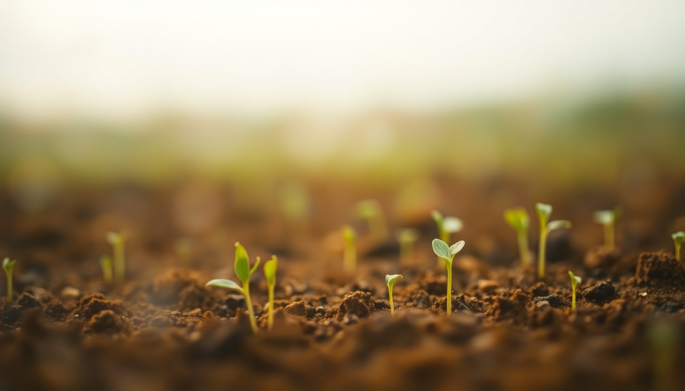 An abstract, dreamlike image of freshly planted vegetable seeds sprouting through the soil, captured in a hazy, warm-toned wash of soft focus and blurred light, conveying the concept of early growth and the race against weeds.
