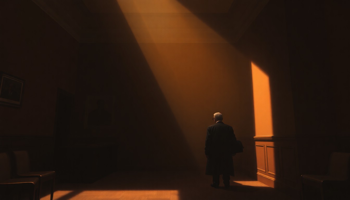 A dimly lit, cinematic painting of a solitary political figure sitting at a desk in a government office, with warm diagonal sunlight and deep shadows creating a contemplative, nostalgic mood.