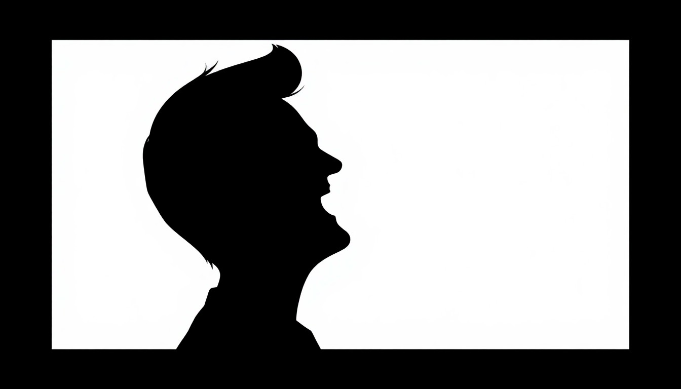 A striking black silhouette of a comedian's head in profile, with a bold splash of color like red or yellow accenting the design in a minimalist, abstract style.