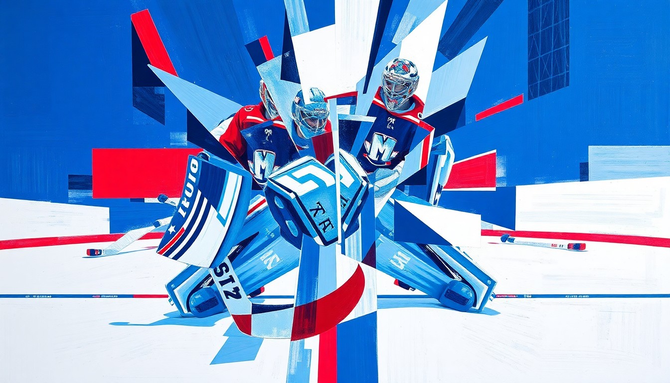 A fragmented, geometric painting depicting the final seconds of a hockey game, with players and the puck represented as sharp, overlapping planes of color.