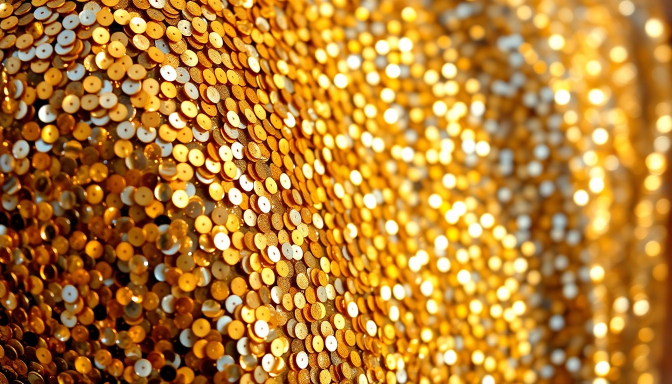 An abstract close-up photograph of shimmering gold and silver sequins, capturing the luxurious, high-energy atmosphere of the Coachella music festival.