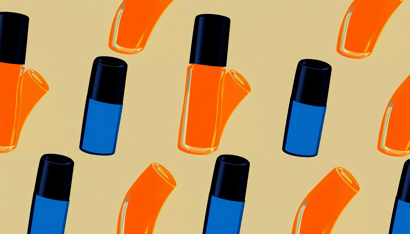 A grid of brightly colored, high-contrast silkscreen prints of a single lip gloss bottle, rendered in a bold, neon color palette with heavy black outlines, conceptually representing the trendy, high-performance beauty product.