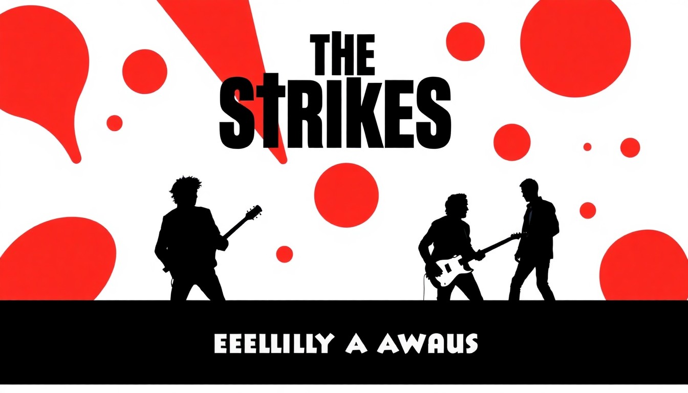 A dynamic, abstract illustration featuring bold black silhouettes and high-contrast red and white geometric shapes, conceptually representing the energy and spirit of the indie rock band The Strokes and their upcoming tour.