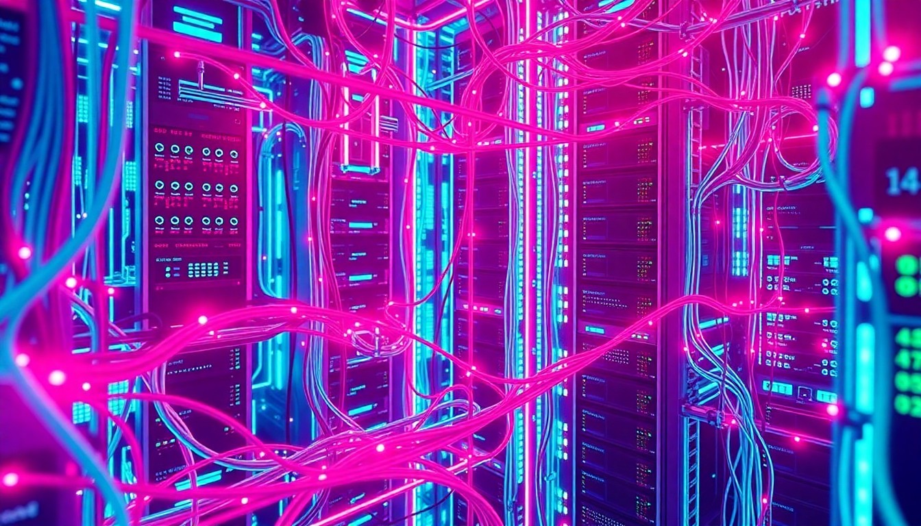 A highly detailed, glowing 3D illustration of a complex network of interconnected data servers and cables, bathed in a neon cyan and magenta color palette, conceptually representing the scale and power of modern data infrastructure amidst growing political tensions.