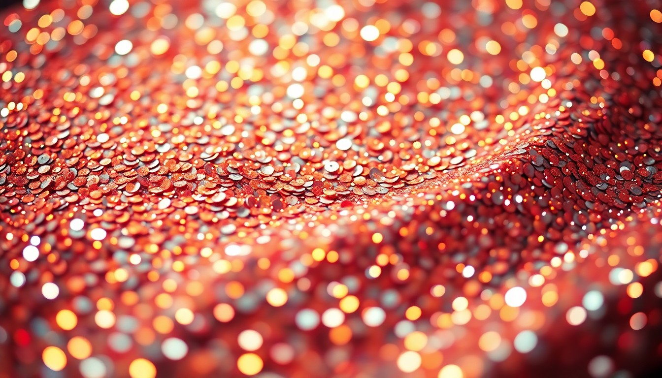 An extreme close-up of shimmering, high-contrast sequins in vibrant colors, conceptually representing the energy and glamour of a music festival performance.
