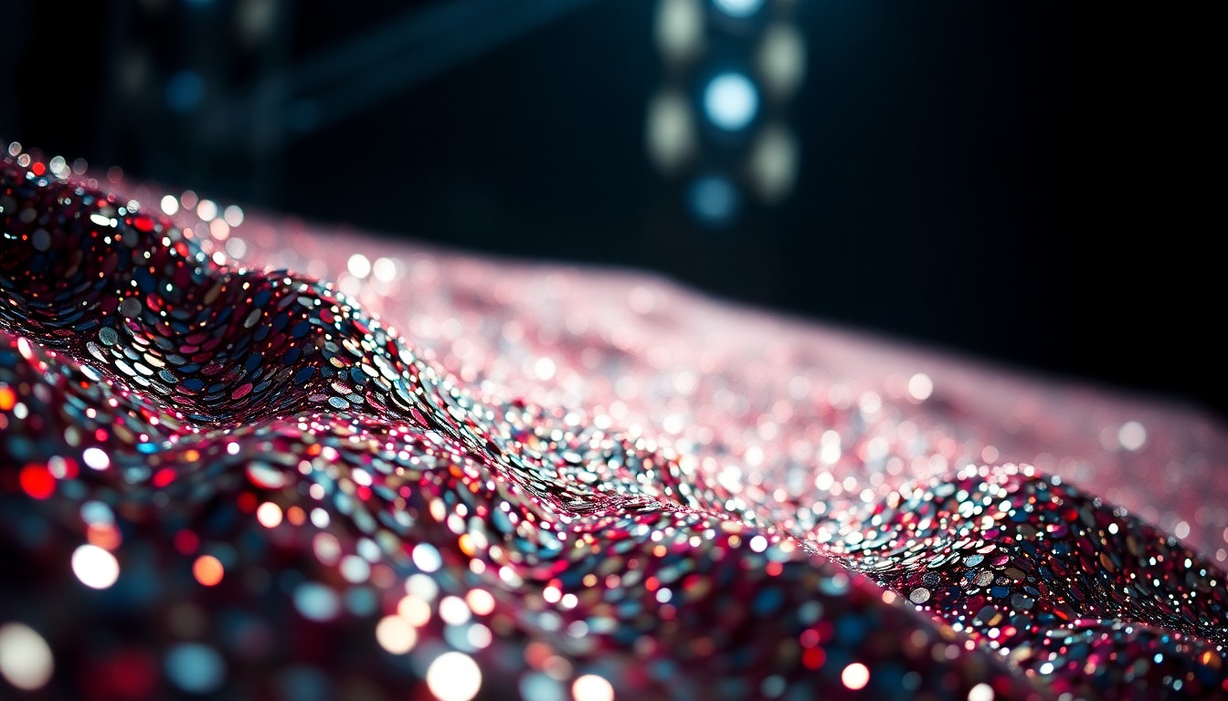 An extreme close-up photograph of glittering, high-fashion sequins illuminated by dramatic studio lighting, creating a conceptual representation of the glamour and celebrity culture surrounding the Coachella music festival.