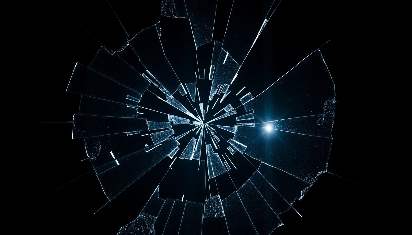 An extreme close-up photograph of shattered glass, lit by a harsh flash, conveying the aftermath of a violent attack on an AI company's property.