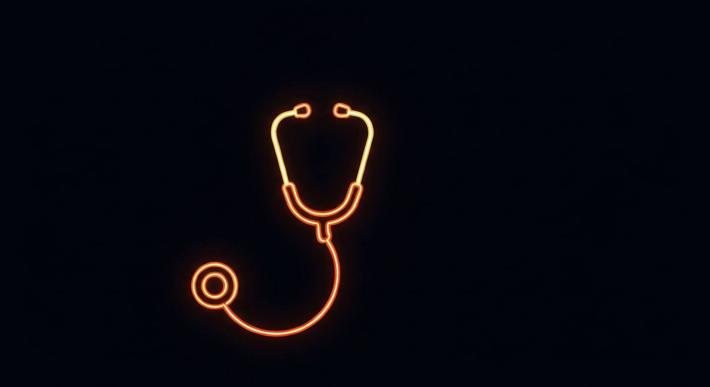 A glowing neon outline of a stethoscope against a dark background, with the outline pulsing and flickering to convey the energy and urgency of the healthcare challenges faced by immigrants.