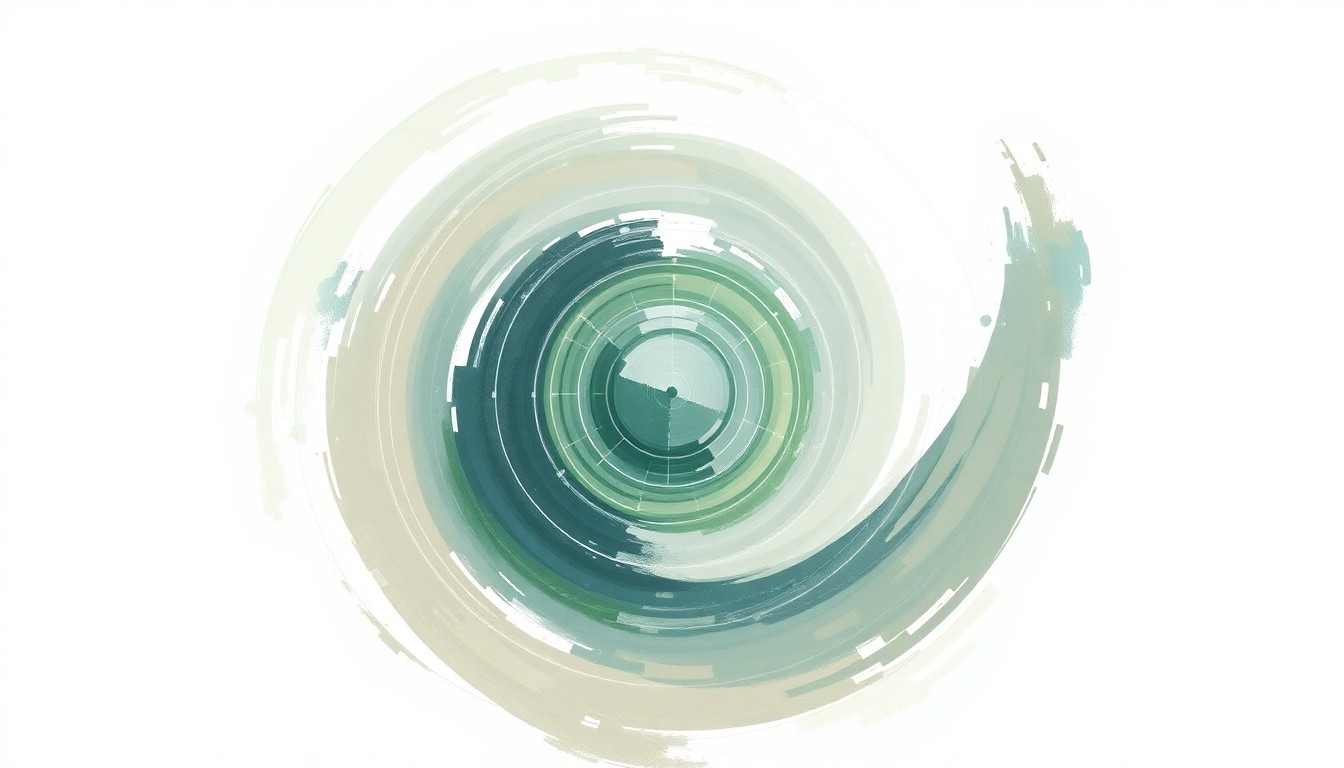 A highly structured abstract painting in muted earth tones, depicting the complex orbital mechanics and interconnected network of the Starlink satellite constellation through sweeping geometric arcs, concentric circles, and precise spiraling trajectories, conveying the scale and precision of this ambitious project.