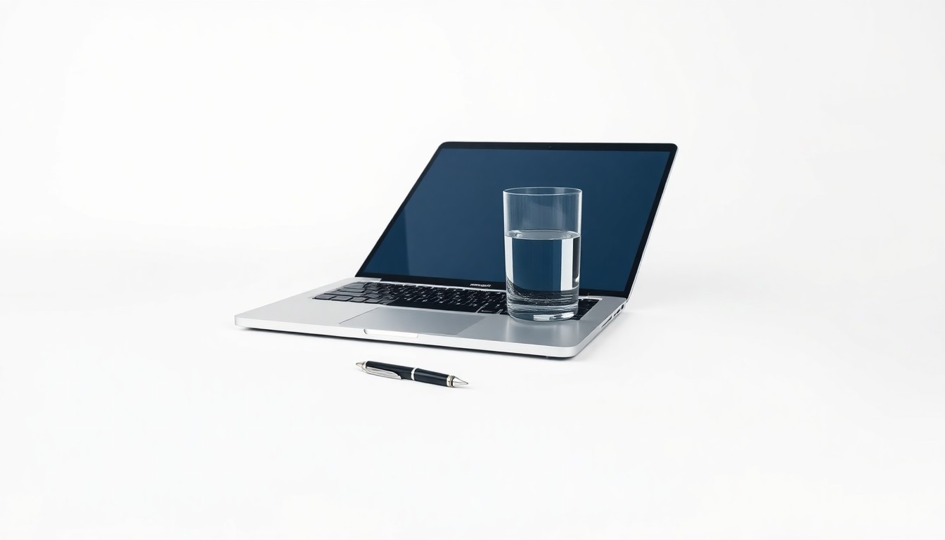 A high-end, photorealistic studio still-life photograph featuring a sleek, modern laptop computer, a glass of water, and a pen resting on a clean, white seamless background, conceptually representing the intersection of financial technology, risk management, and personalized client service.