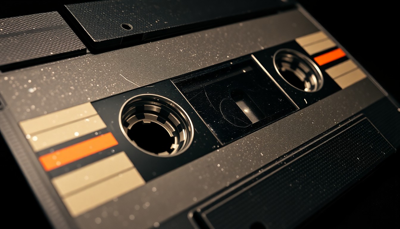 An extreme close-up photograph of the worn, textured surface of a vintage cassette tape, capturing the intricate details and high-contrast lighting that evoke the analog era of live music recording.