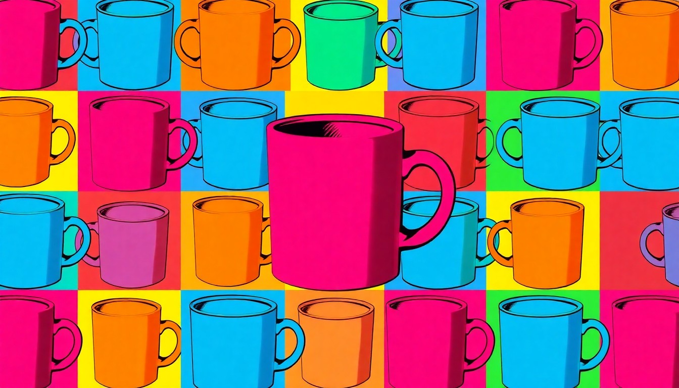 A brightly colored, high-contrast silkscreen print of a senior center coffee mug repeated in a tight grid pattern, capturing the modernization of this important community space through a pop art lens.