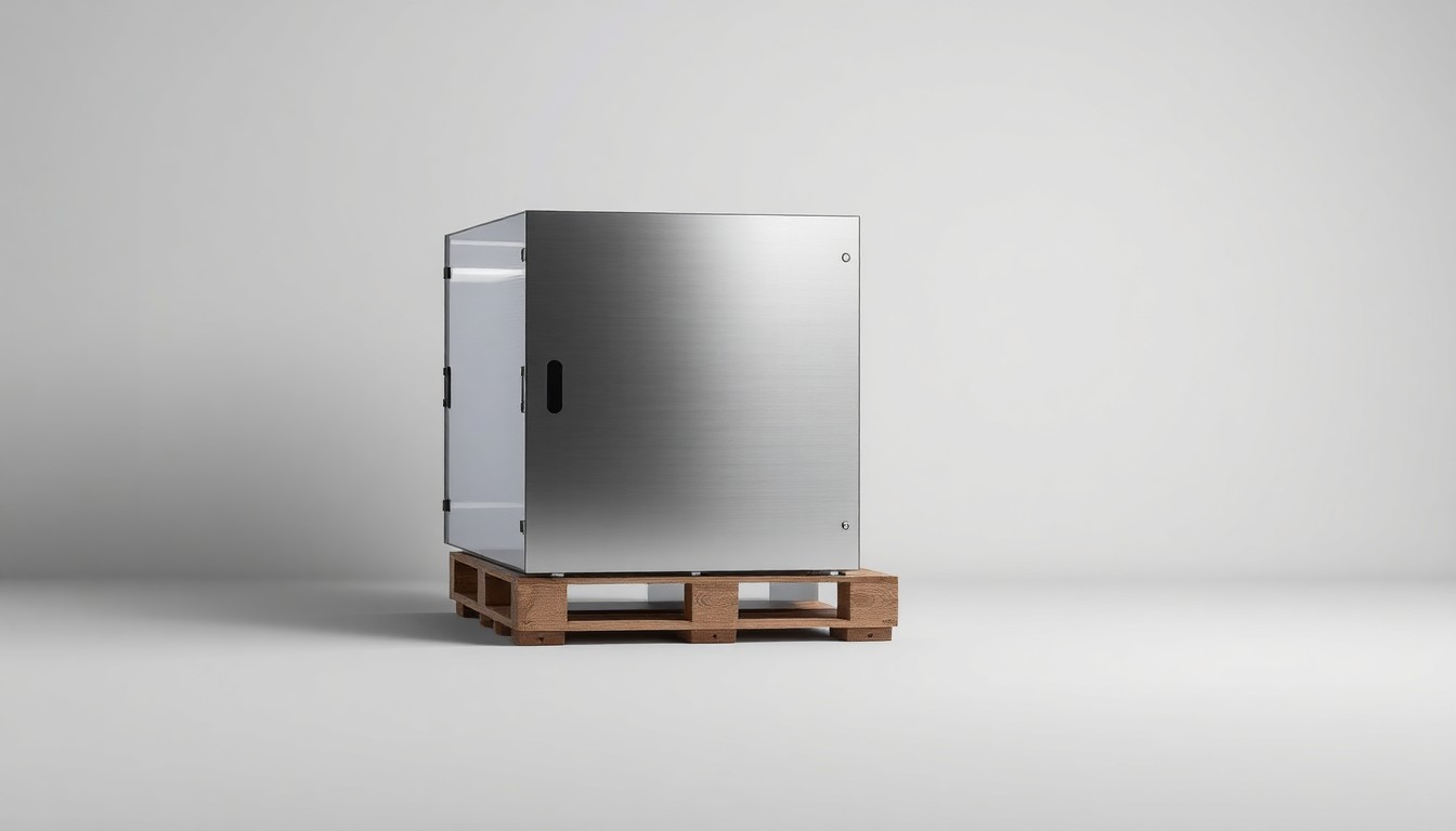 A photorealistic studio still life of a sleek, geometric pallet stretch wrapping machine made of polished metal and glass, floating on a clean, monochromatic background and illuminated by dramatic studio lighting, conceptually representing the optimization of automated packaging and supply chain processes.