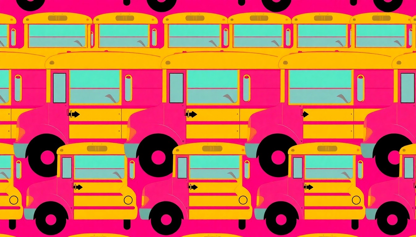 A high-contrast, silkscreen-style illustration of a yellow school bus icon repeated in a grid pattern, rendered in a bold, neon color palette that captures the energy and tension of a potential labor dispute.