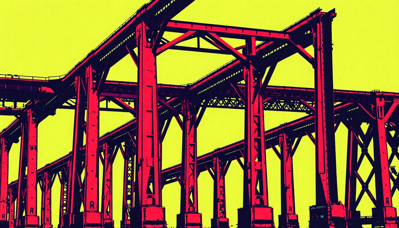 A bold, abstract silkscreen print featuring a repeated image of a historic train trestle in vibrant neon colors, capturing the complexity of restoring aging infrastructure for modern public use.