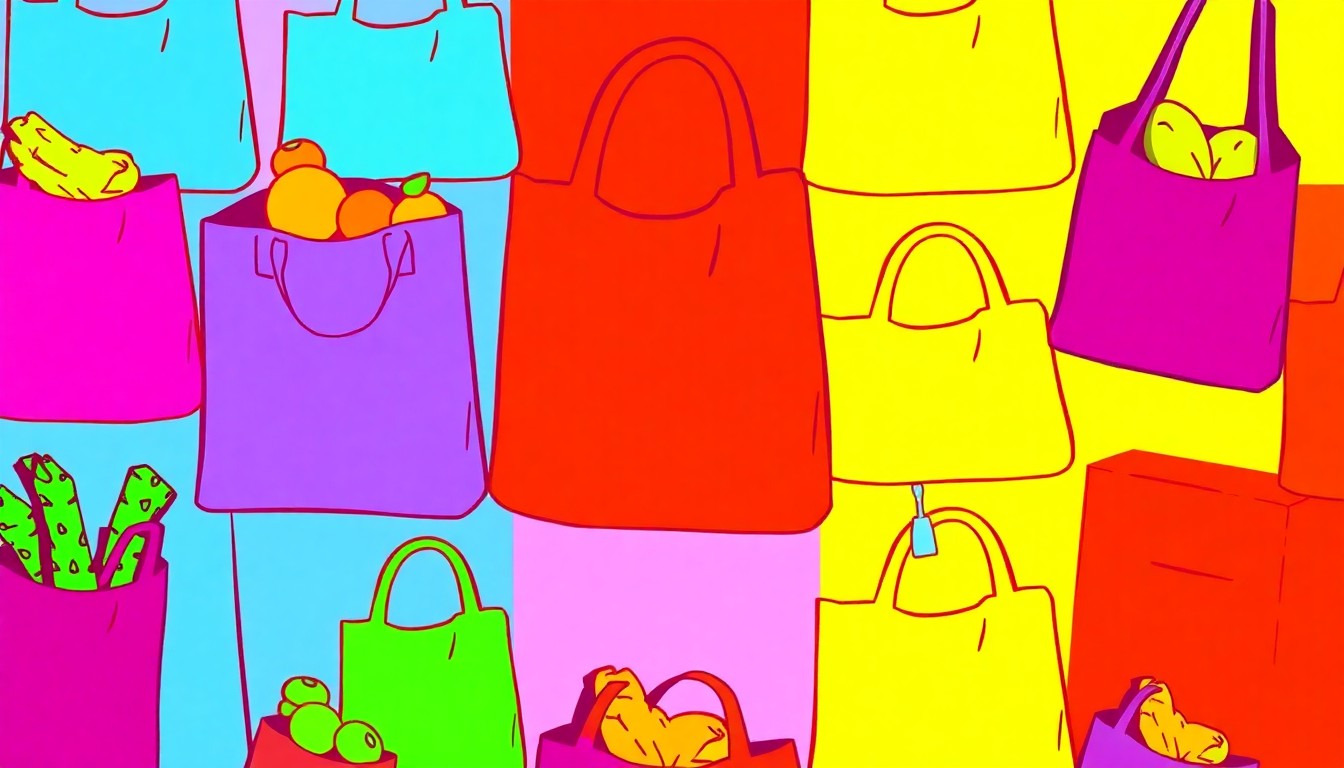 A brightly colored, high-contrast silkscreen print of a single, iconic lifestyle object such as a reusable grocery bag or organic produce, repeated in a tight grid pattern to capture the joyful energy of a community festival.