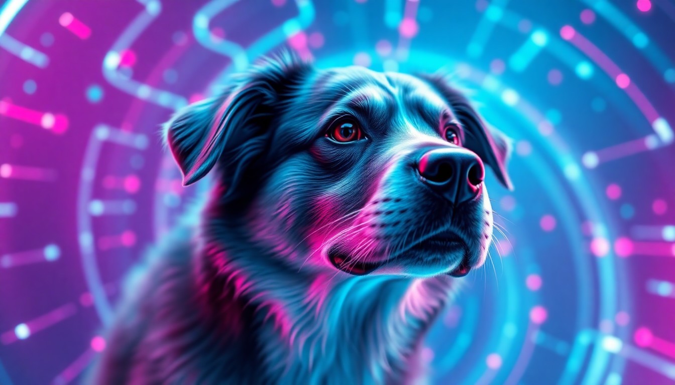 A highly detailed, glowing 3D illustration of a pet's face emerging from a swirling digital landscape of neon cyan and magenta lights, conceptually representing the transformative power of technology to capture the essence of a beloved companion.