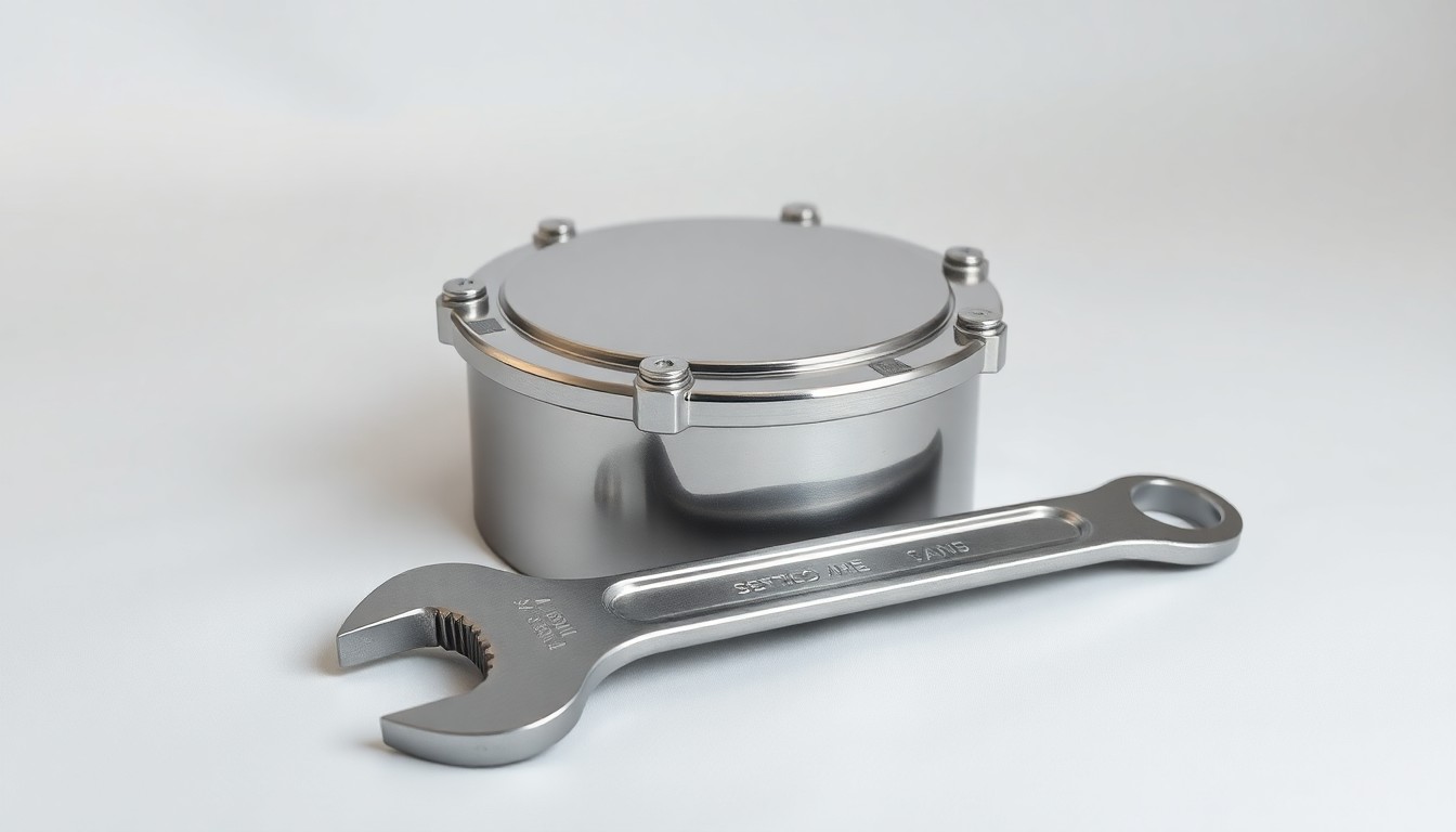 A high-end, photorealistic studio still-life photograph featuring a polished, chrome-plated septic tank lid and a wrench resting on a clean, white seamless background, conceptually representing the technical complexity of maintaining septic systems to avoid costly failures during real estate transactions.