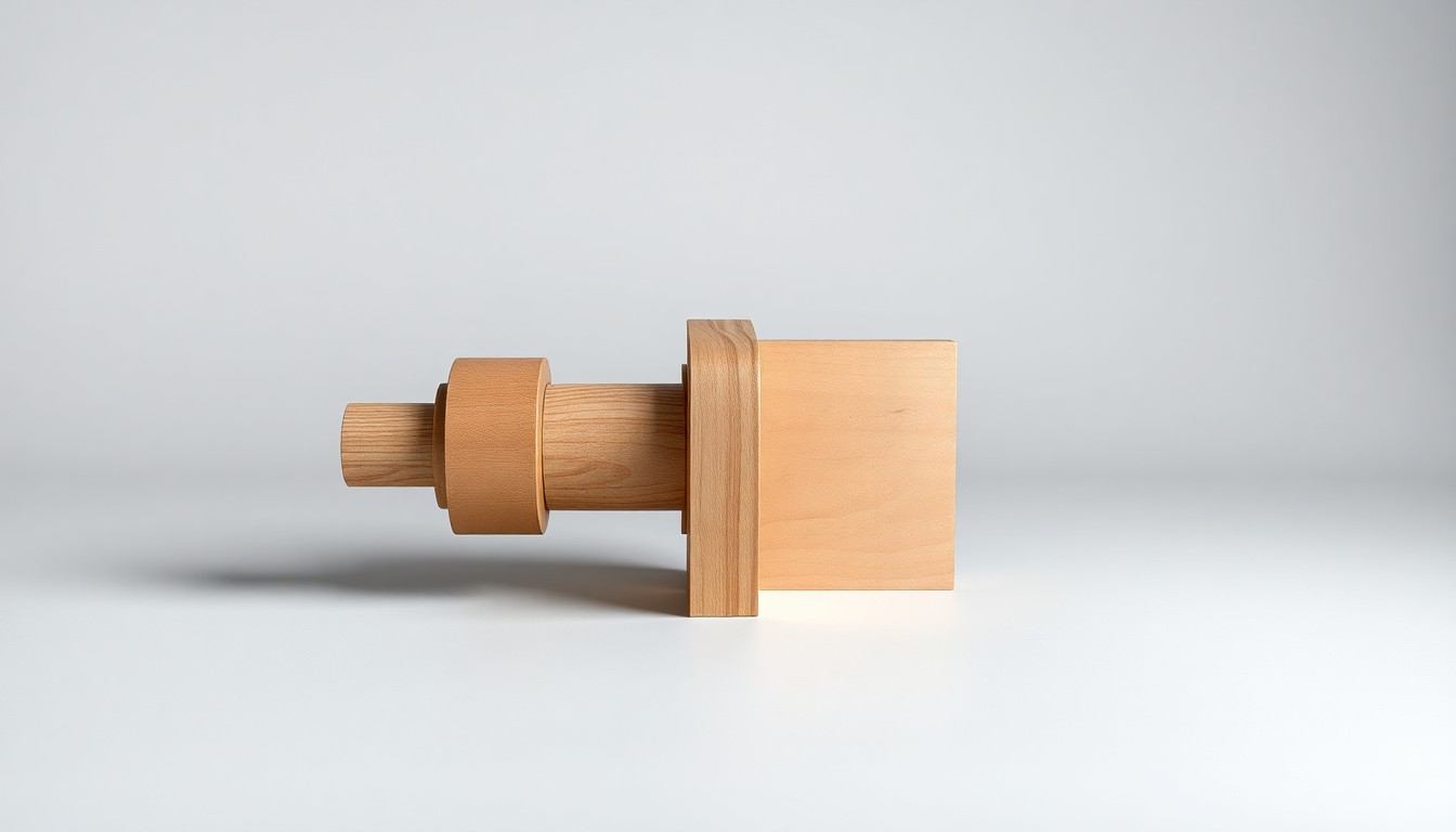 A close-up photograph of a polished, geometric wood CNC machine component, such as a spindle or control panel, arranged elegantly on a clean, monochromatic background, conceptually representing the advanced manufacturing technology and engineering integrity of UNISUNX's industrial-grade woodworking solutions.