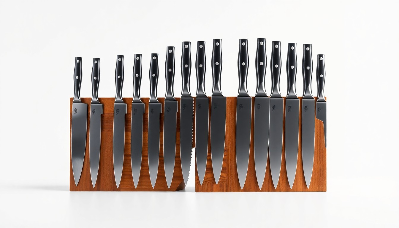 A high-end, photorealistic studio still-life photograph featuring a SYOKAMI 15-piece kitchen knife set with magnetic block. The knives and block are made of polished stainless steel and FSC-certified wood, arranged elegantly on a seamless white background with dramatic studio lighting and deep shadows.