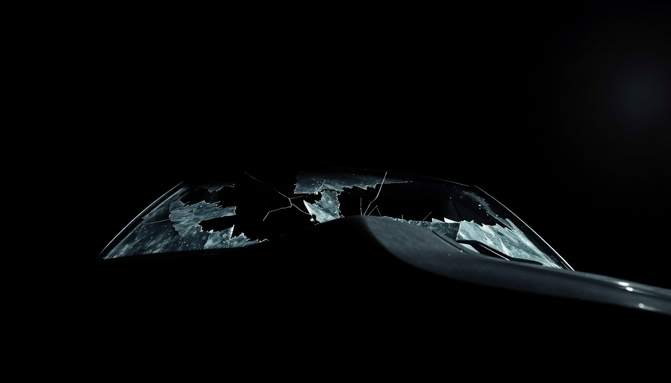 An extreme close-up photograph of a car's shattered windshield and crumpled metal frame, capturing the sudden and devastating nature of the river crash through dramatic lighting and stark composition.