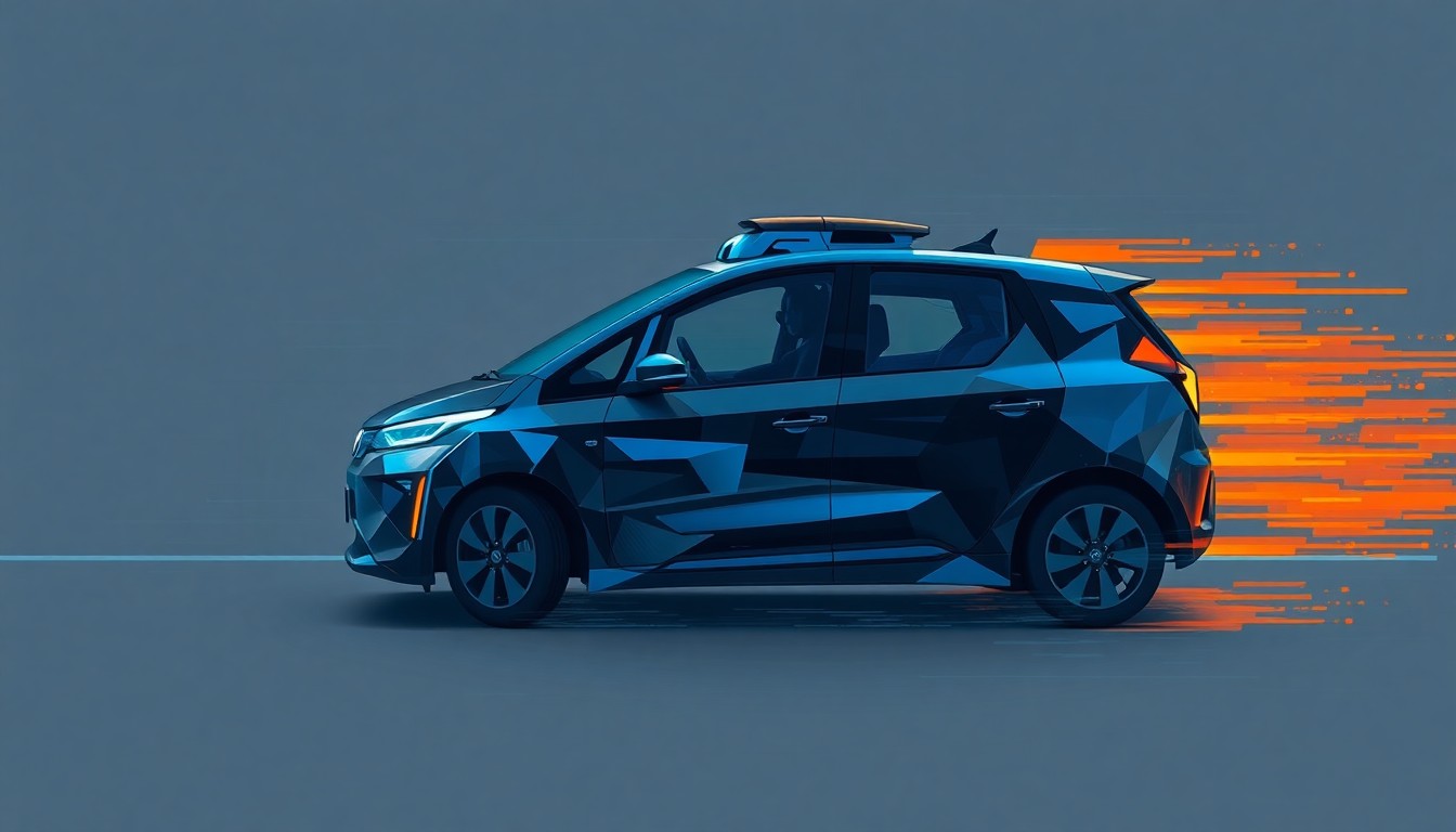 A highly abstracted, fractured painting of a moving Waymo self-driving car, with overlapping geometric shapes and brushstrokes in shades of grey, blue, and orange, conveying a sense of speed and disruption.