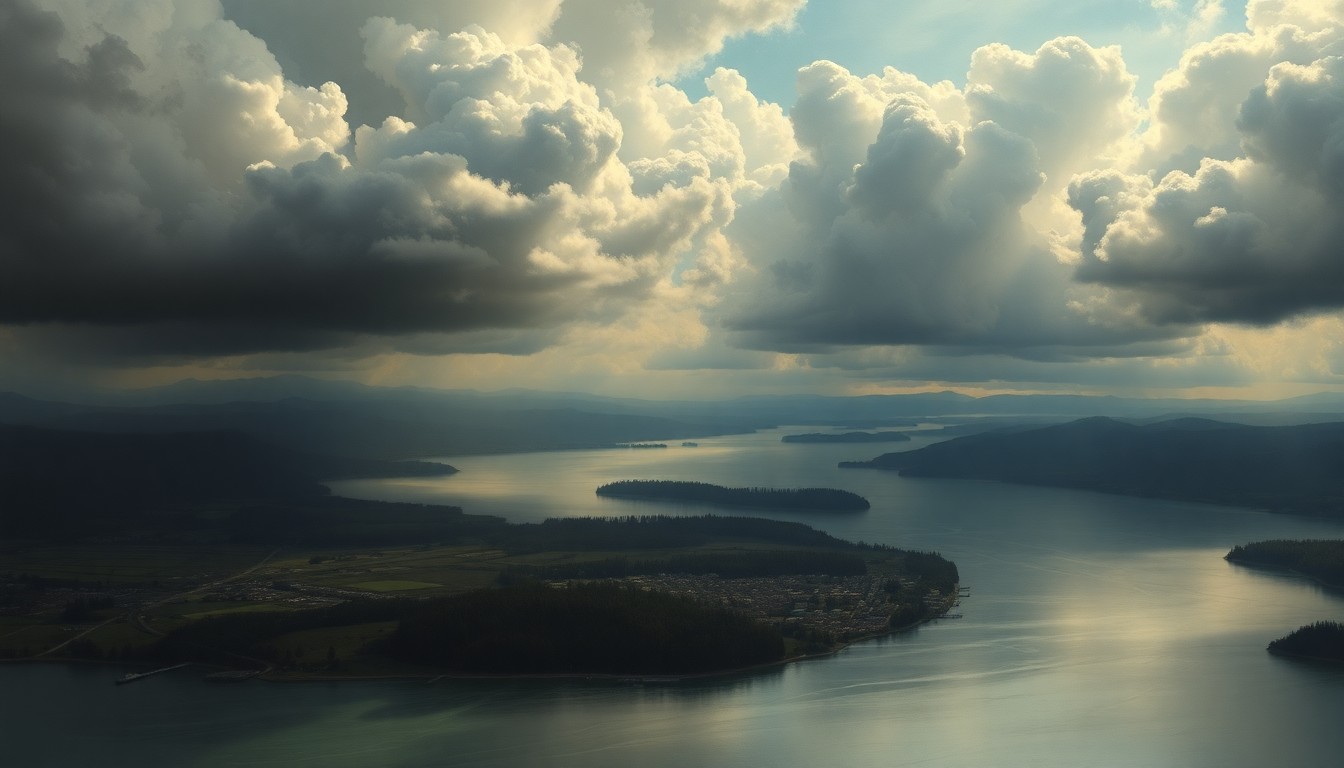 A sweeping, atmospheric landscape painting depicting the Willamette River winding through the Oregon City area, with dramatic clouds and lighting dwarfing any physical structures or docks along the riverbank, conveying the overwhelming scale and power of the natural environment.