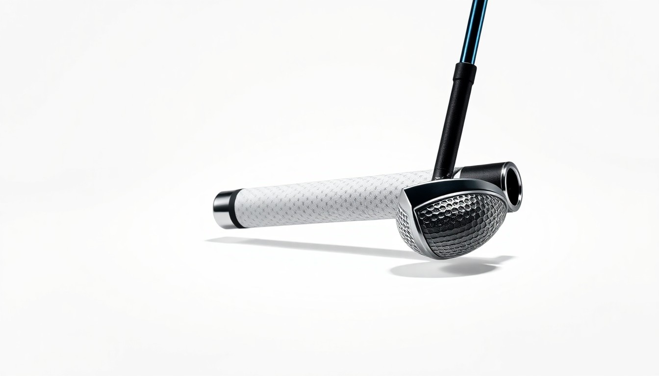 A photorealistic studio still-life image of a premium golf grip made of polished leather and metal, floating on a clean white background and dramatically lit to represent the abstract concepts of data-driven strategy, brand performance, and marketing innovation.