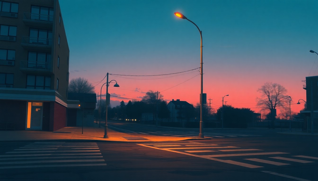 A dimly lit urban street scene with a lone streetlight casting warm, diagonal shadows across the pavement, conceptually representing the thoughtful, measured approach to a critical public sector hiring decision.