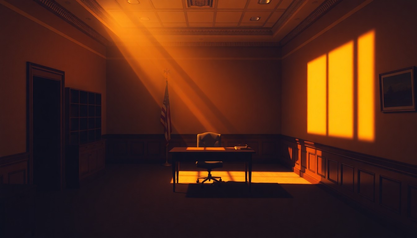A quiet, cinematic painting of an empty congressional office space, with a lone chair and desk bathed in warm, diagonal sunlight and deep shadows, conveying a sense of solitude and contemplation in the wake of a political scandal.