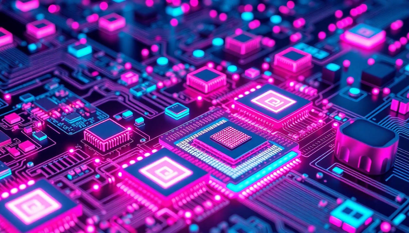 A highly detailed 3D illustration of glowing, futuristic semiconductor chips and circuit boards in shades of cyan, magenta, and silver, conceptually representing the advanced technology and infrastructure of the semiconductor industry.