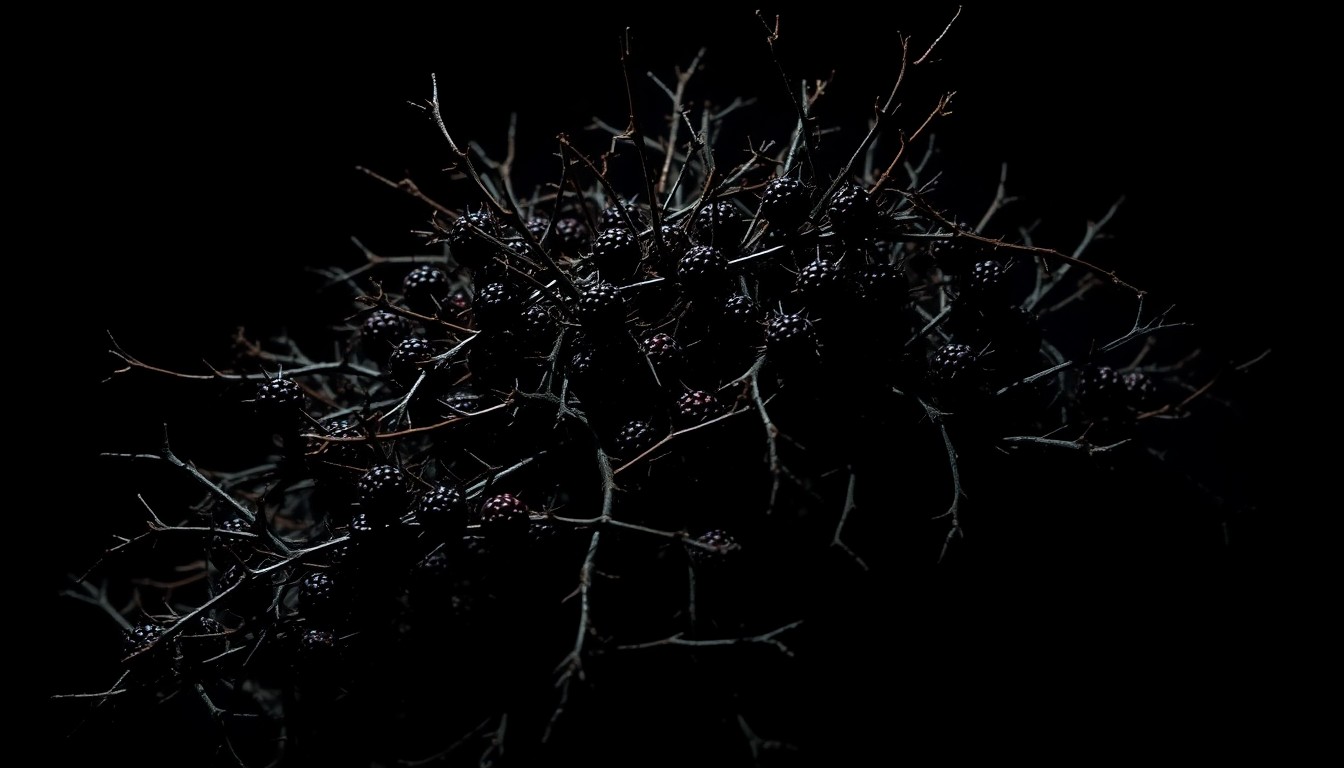 An extreme close-up photograph of a tangled blackberry bush, its thorns and branches dramatically lit by a harsh camera flash, conveying the gritty nature of the suspect's apprehension.