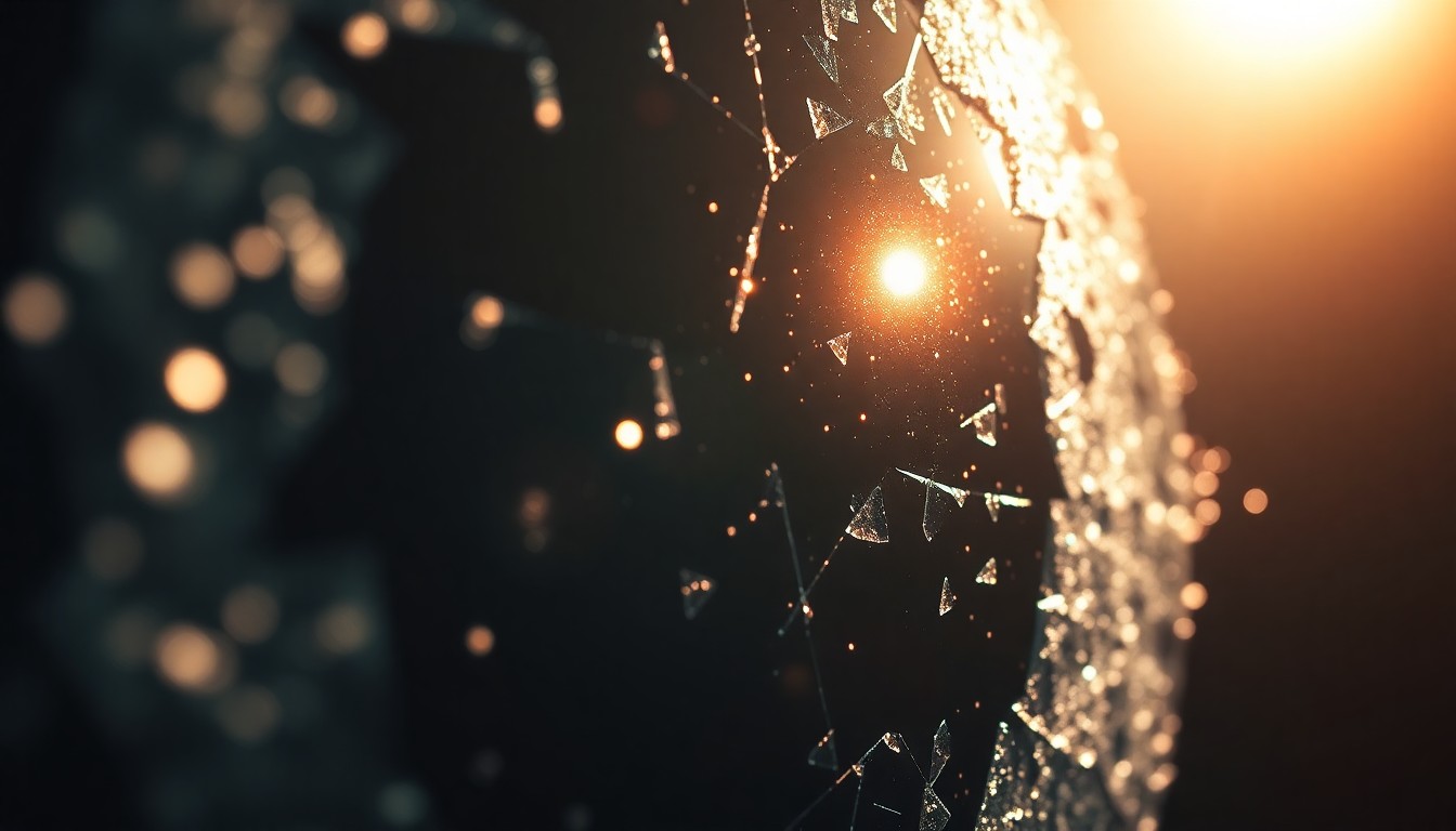 An extreme close-up of a shattered, glittering glass lens reflecting a soft, warm light, conceptually representing the demanding production of a long-running television series.