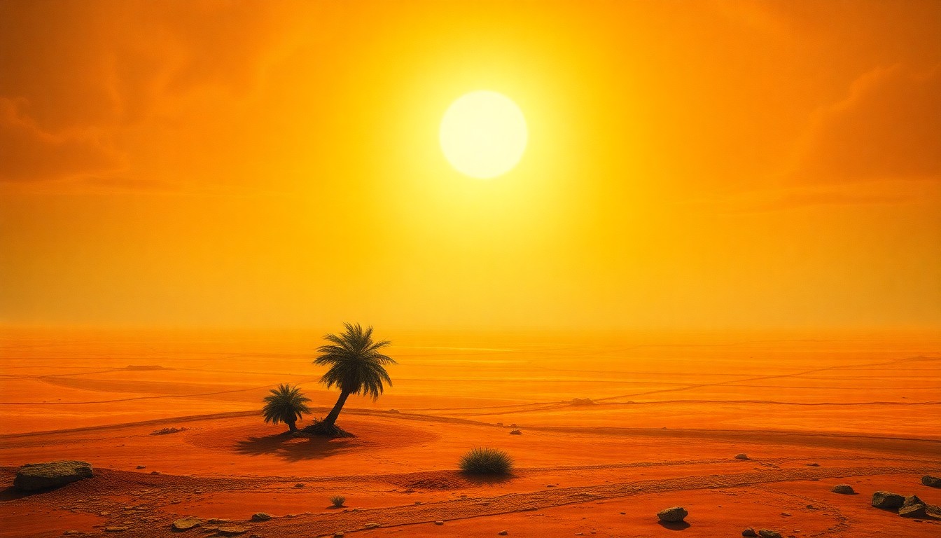 A vast, atmospheric landscape painting in muted earth tones, depicting a scorching horizon under a blazing sun, with a lone palm tree struggling against the overwhelming heat, conveying the sublime power of nature and the fragility of human habitation in the face of extreme weather.