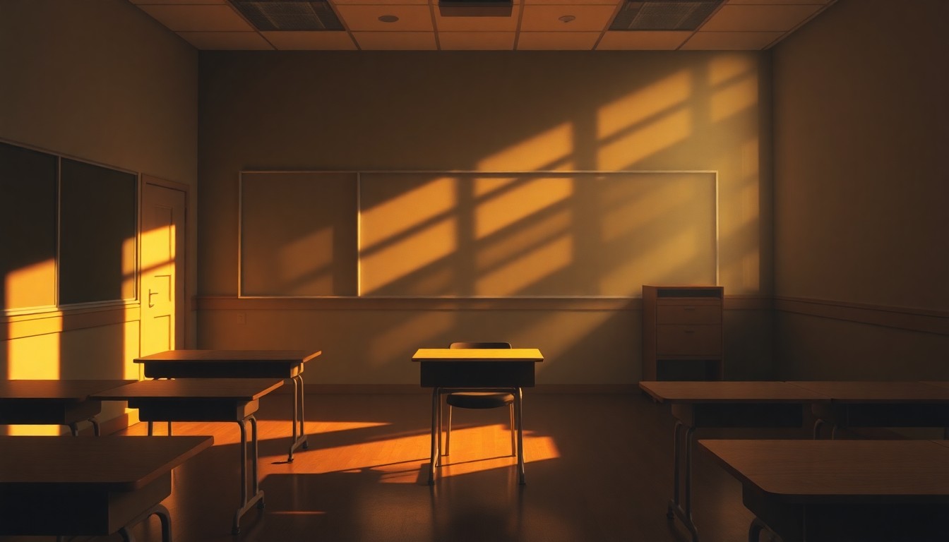 A serene, cinematic painting of a teacher's desk in an empty classroom, with warm sunlight streaming through the windows and deep shadows casting a pensive mood over the scene, conceptually representing the uncertain future of teacher advocacy and community partnerships in Idaho Falls.