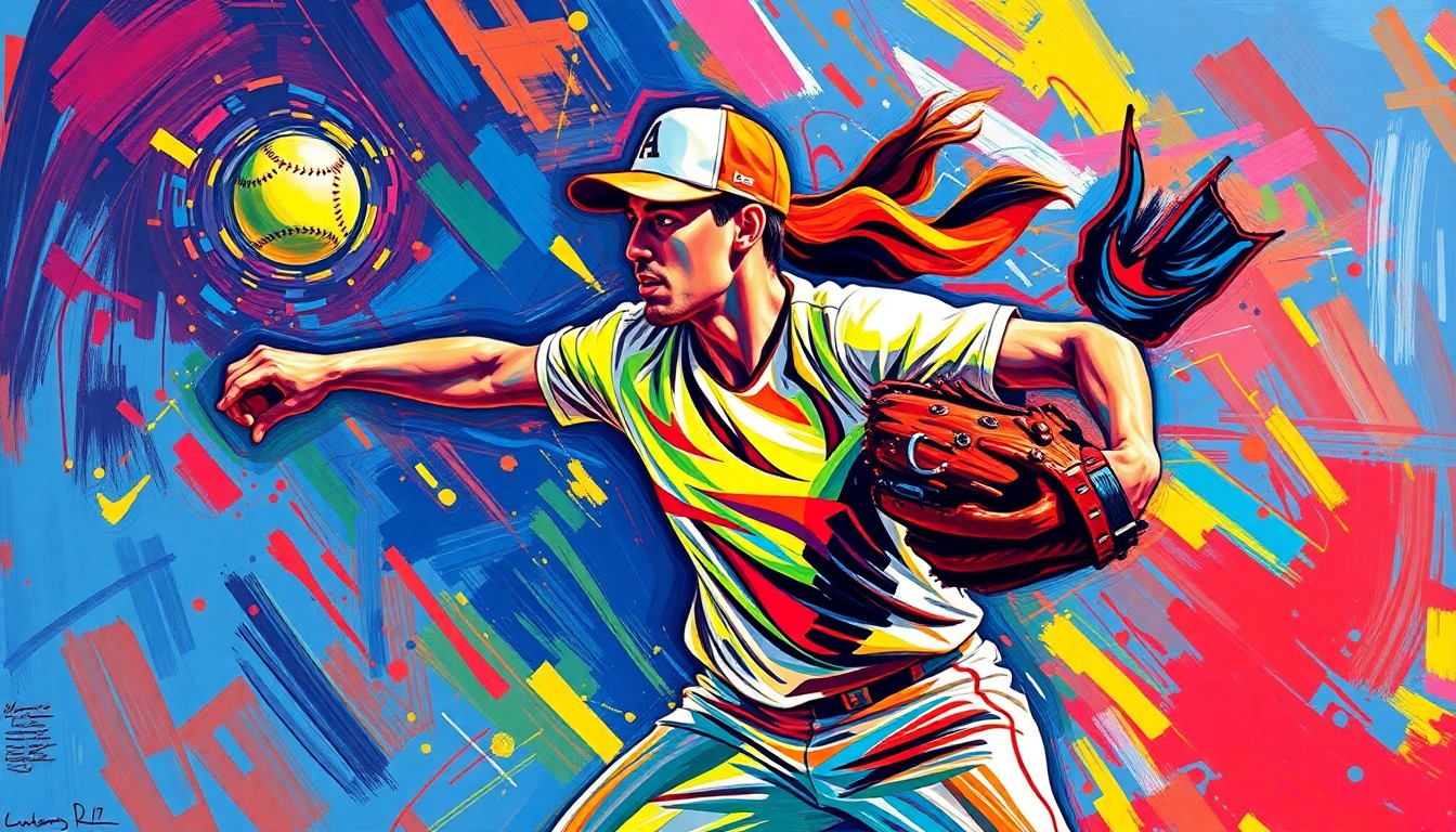An abstract, expressionist painting featuring bold, energetic brushstrokes in neon shades of blue, green, and orange, capturing the dynamic motion and power of a softball pitcher.