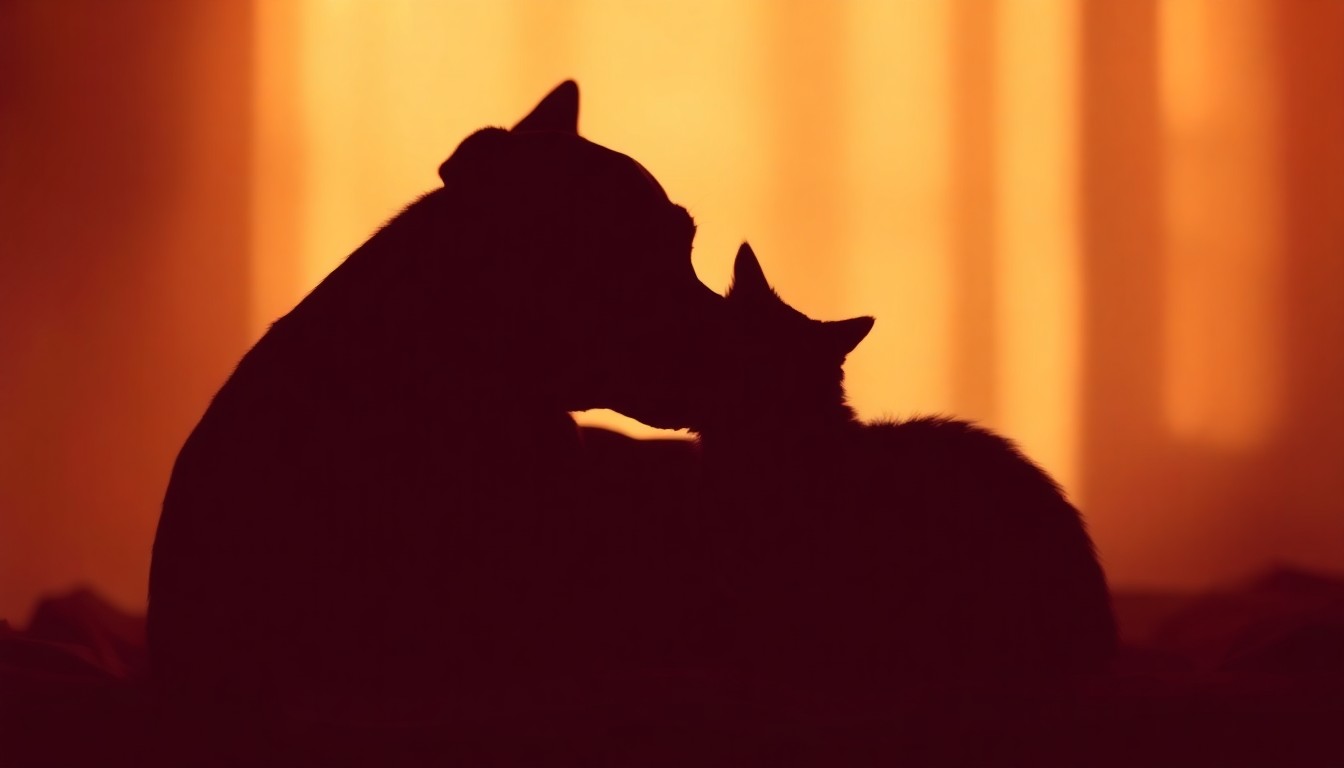 A blurred, impressionistic photograph showing the shadowy outlines of a dog and a cat snuggled closely together, conveying the deep emotional connection between the two animals.