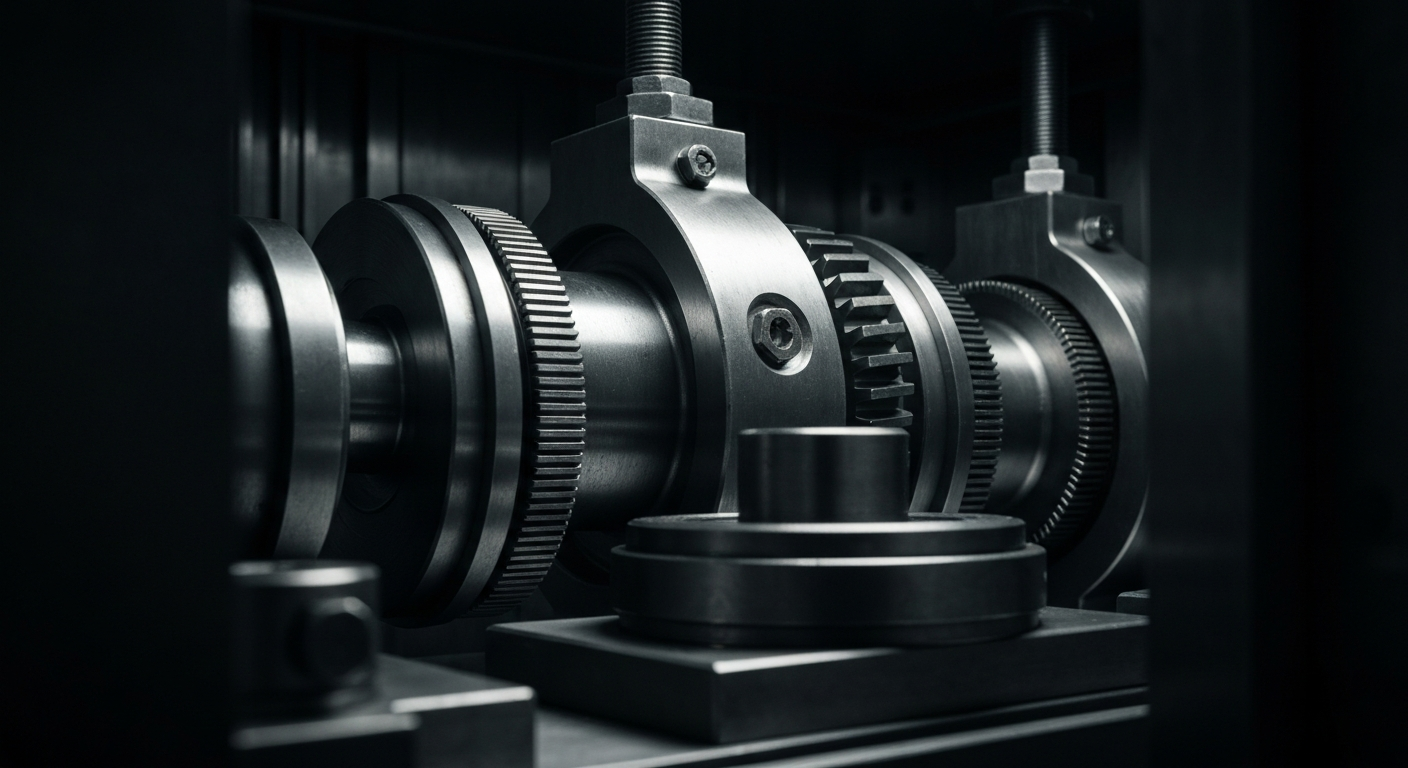 An extreme close-up of a series of gears, levers, and other heavy industrial banking mechanisms, dramatically lit to create a sense of power and security.