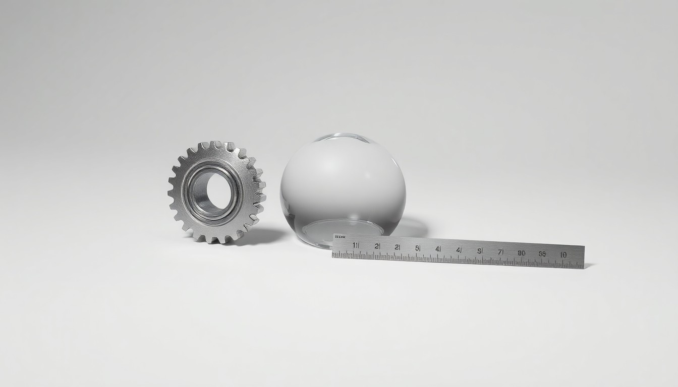 A high-end, photorealistic studio still-life photograph featuring a polished metal gear, a smooth glass paperweight, and a sleek titanium ruler arranged elegantly on a clean, monochromatic seamless background, conceptually representing the abstract corporate strategy and finance behind investment portfolio management.