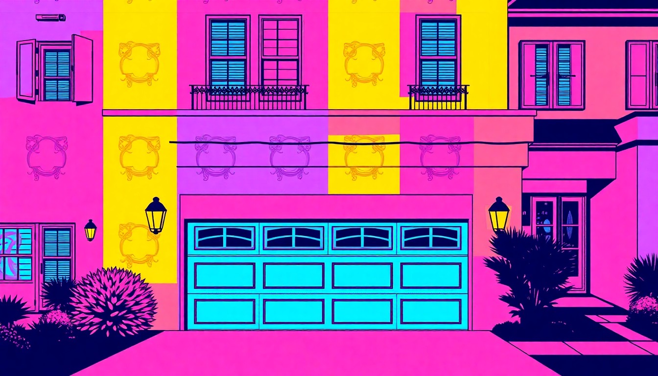 A high-contrast, silkscreen-style illustration featuring a repeated pattern of a garage door in bold, neon colors, conceptually representing the versatile storage and workshop space of the Twin Falls property.