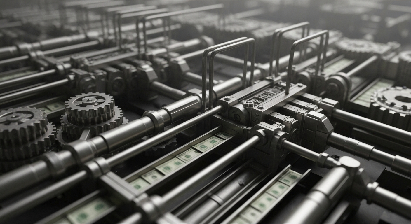 A high-contrast black and white close-up image of complex, industrial-looking financial machinery and equipment, conveying a sense of the behind-the-scenes infrastructure and mechanics of the banking and investment industry.