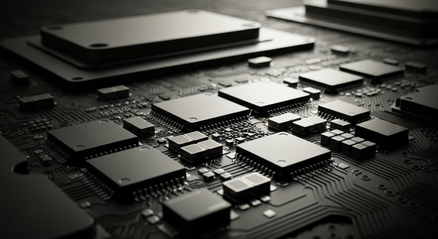 A highly detailed, cinematic close-up of the intricate inner workings of a powerful computer chip, rendered in a heavy, industrial style that conveys a sense of technological complexity and engineering excellence.