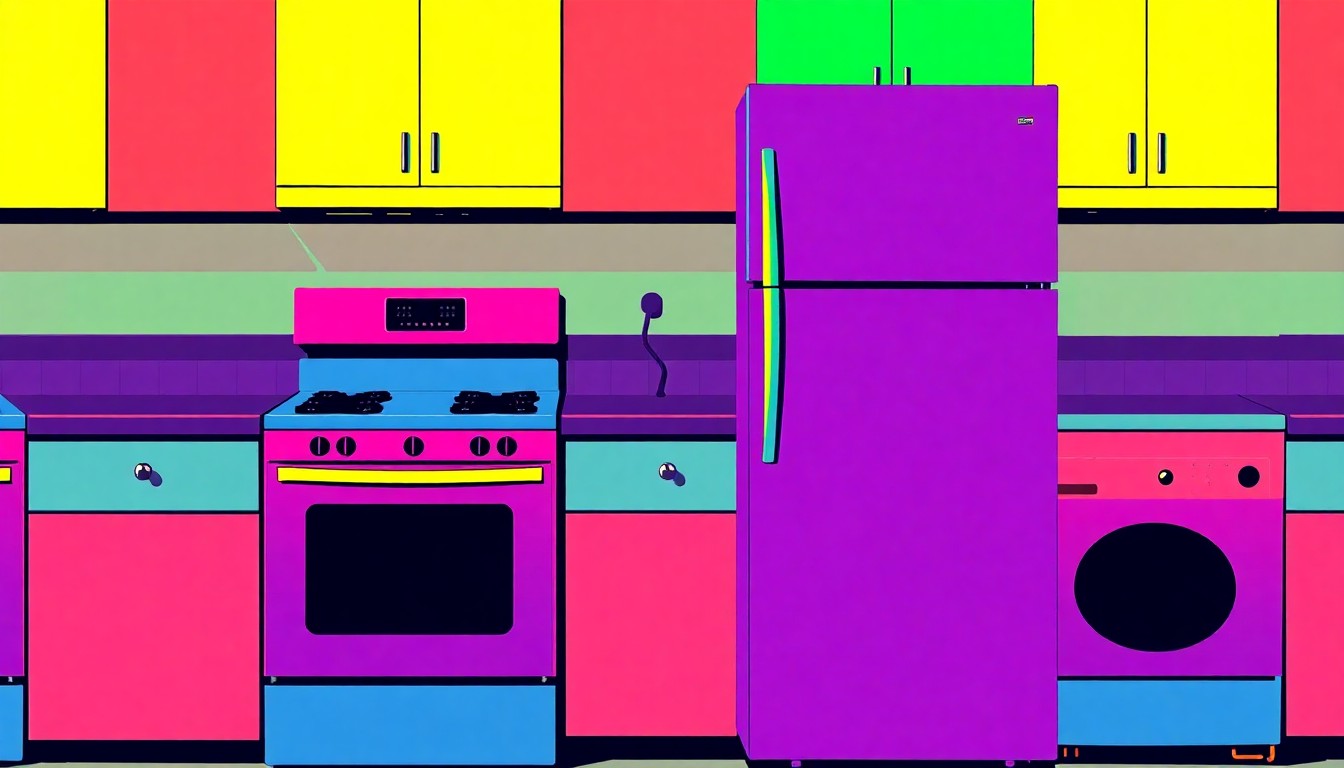 A brightly colored, high-contrast silkscreen print of a kitchen stove repeated in a tight grid pattern, using vibrant neon colors and heavy black outlines to transform the everyday appliance into a work of pop art.