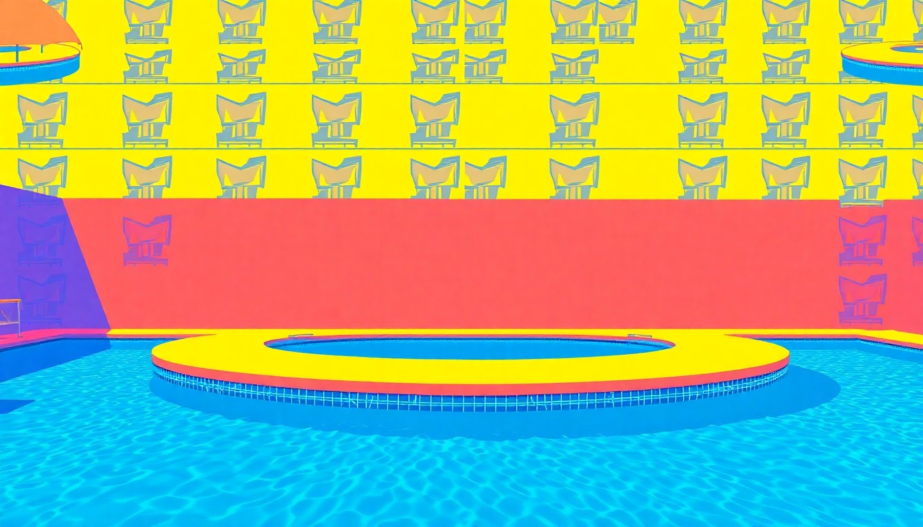 A highly stylized, pop art-inspired illustration featuring a repeating pattern of a backyard swimming pool with a large sun shelf, rendered in vibrant neon colors and bold black outlines.